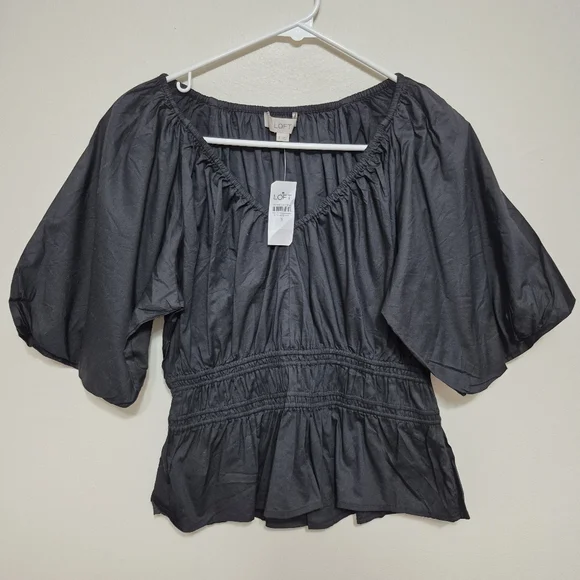NWT LOFT Women's Romantic Black Peasant Smocked Waist Peplum Blouse Size Small - Picture 4 of 6